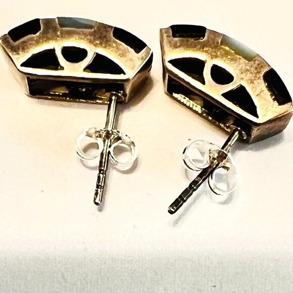 Vtg 925 Silver Checkerboard Stud Earrings Onyx Mother Of Pearl Inlay Thai SX - Picture 4 of 8